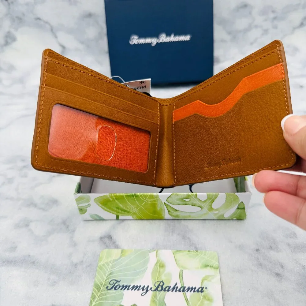 Tommy Bahama Leather Bifold Wallet,Tan Geometric Embossed,Logo Detail,Boxed-NEW - Picture 5 of 13